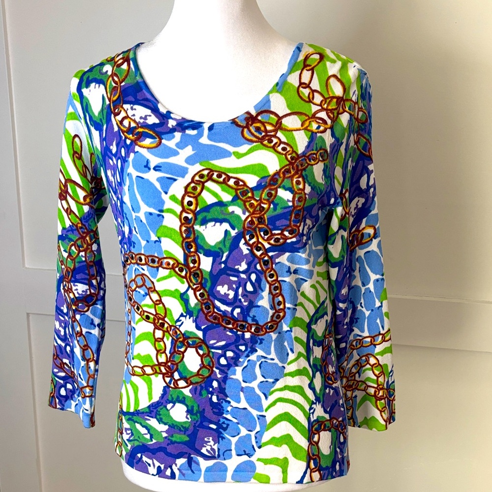 Peck & Peck Blue and Green Chain Print Blouse size small